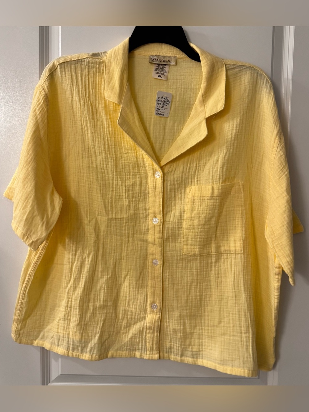 #z291 - Davina Butter Yellow 100% Gauze Short Sleeve Button Down Crop Top Blouse
